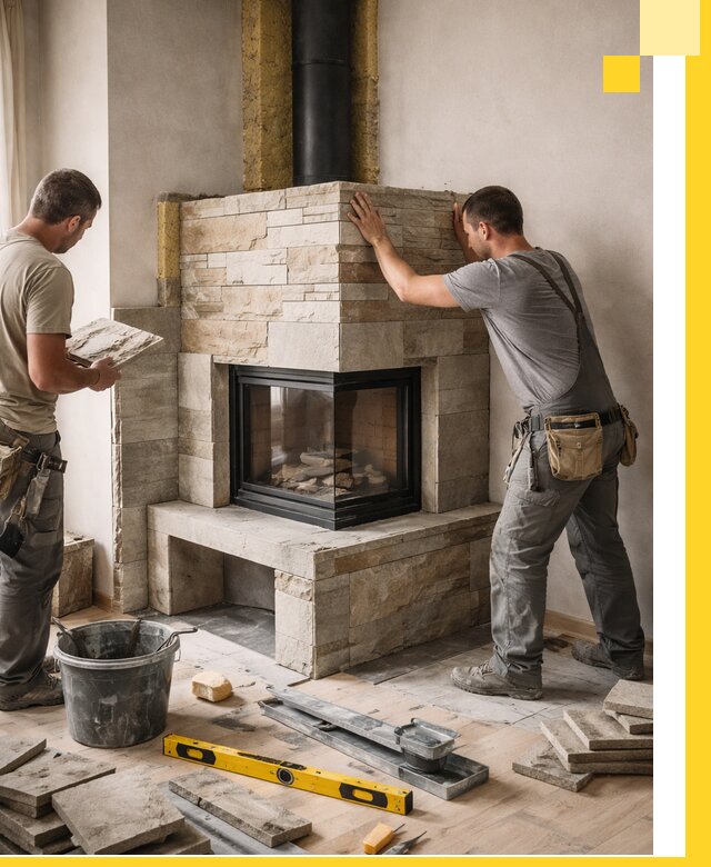 Угловые камины под ключ проект, монтаж и отделка в Азнакаеве